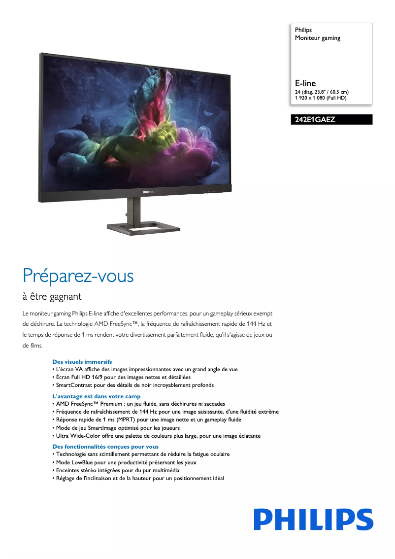 Page 1 de la notice Fiche technique Philips 242E1GAEZ