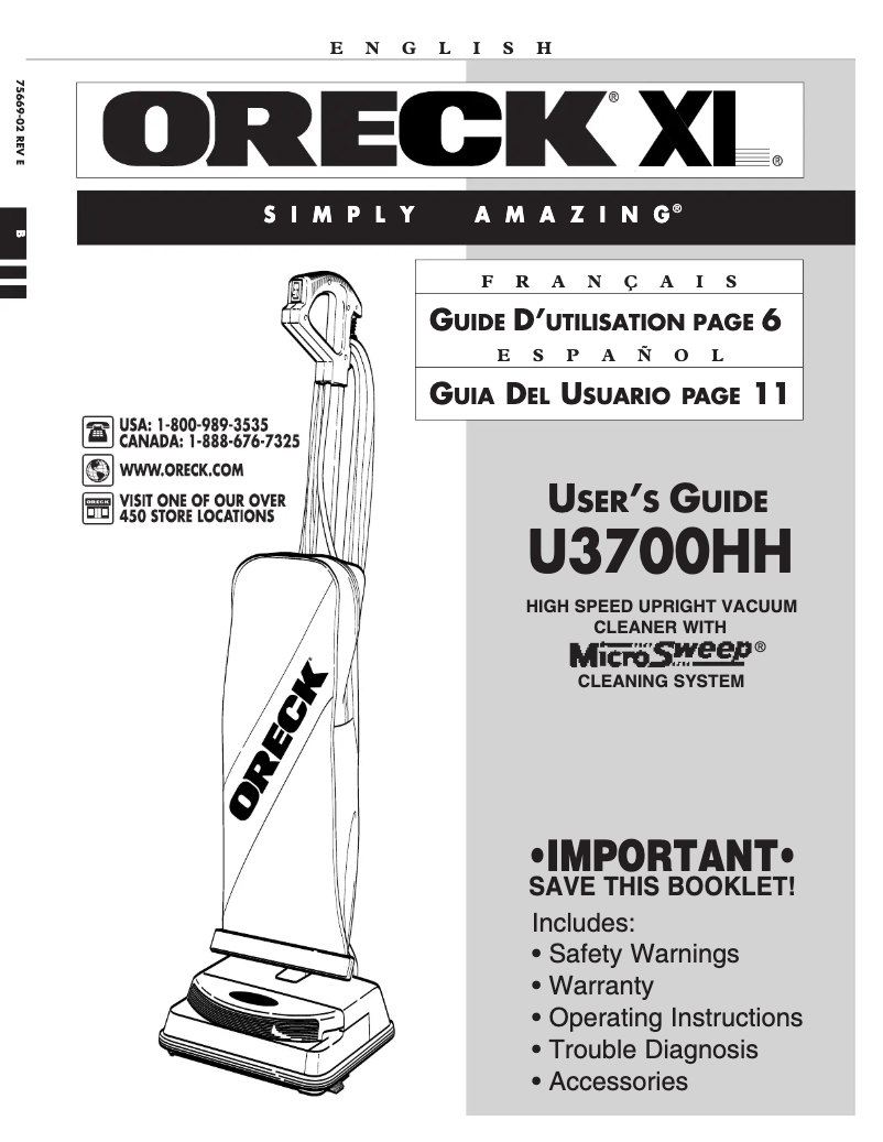 Page 1 de la notice Manuel utilisateur Oreck XL Deluxe U3700