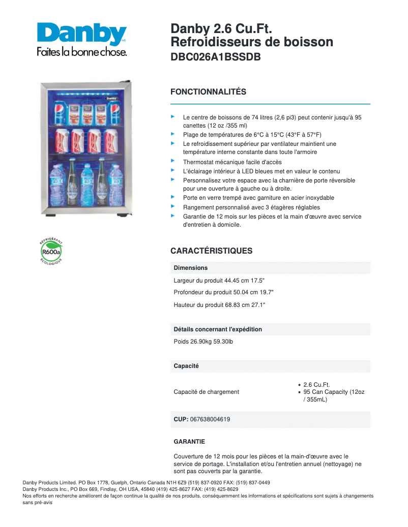 Page 1 de la notice Fiche technique Danby DBC026A1BSSDB