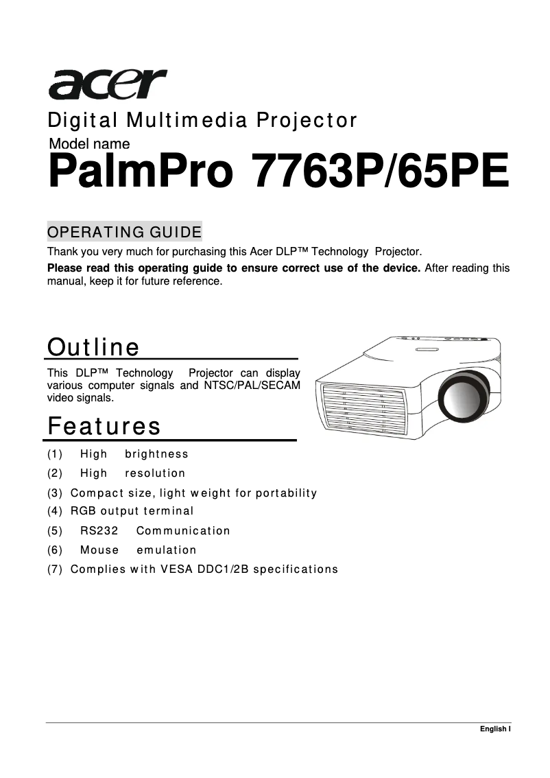 Imagen de la primera página del manual del dispositivo PalmPro 7765PE