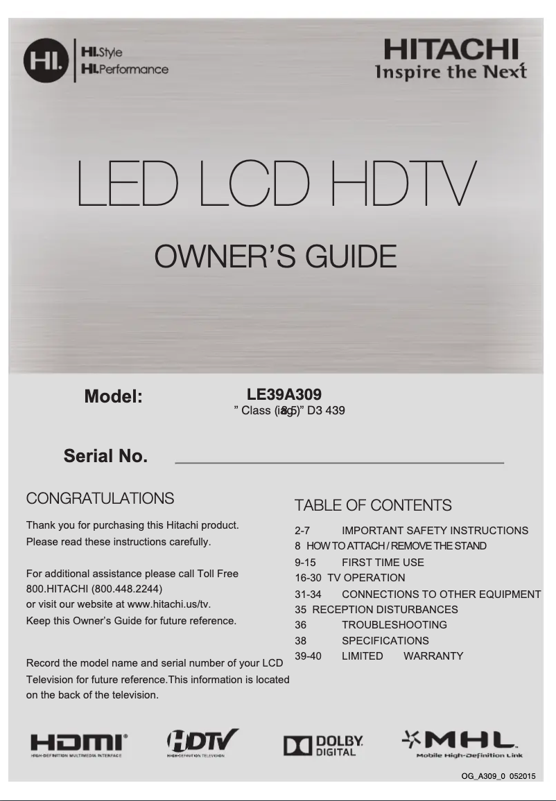 Image de la première page du manuel de l'appareil LE39A309