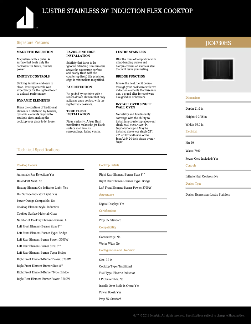 Page n°1 - Fiche technique JennAir JIC4730HS