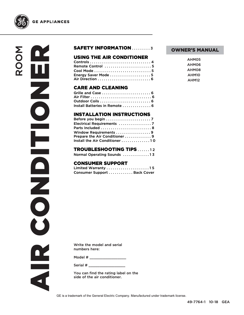 Page n°1 - Manuel utilisateur GE AHM05LY