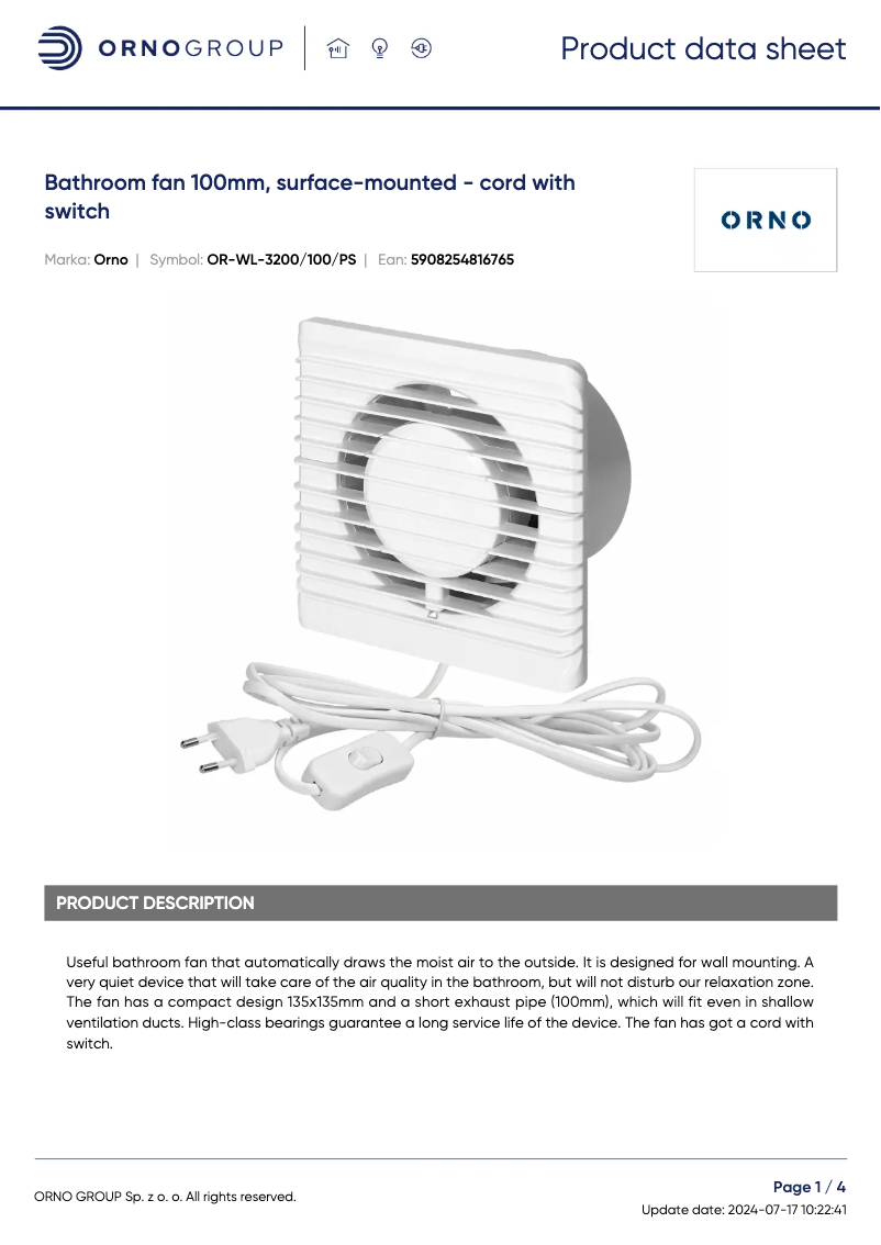 Page 1 de la notice Fiche technique ORNO OR-WL-3200/100/PS