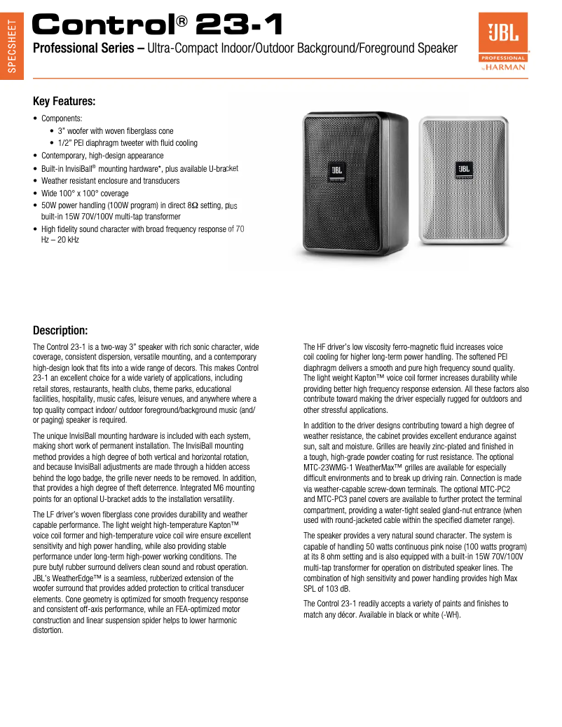 Page n°1 - Manuel utilisateur JBL Control 23-1
