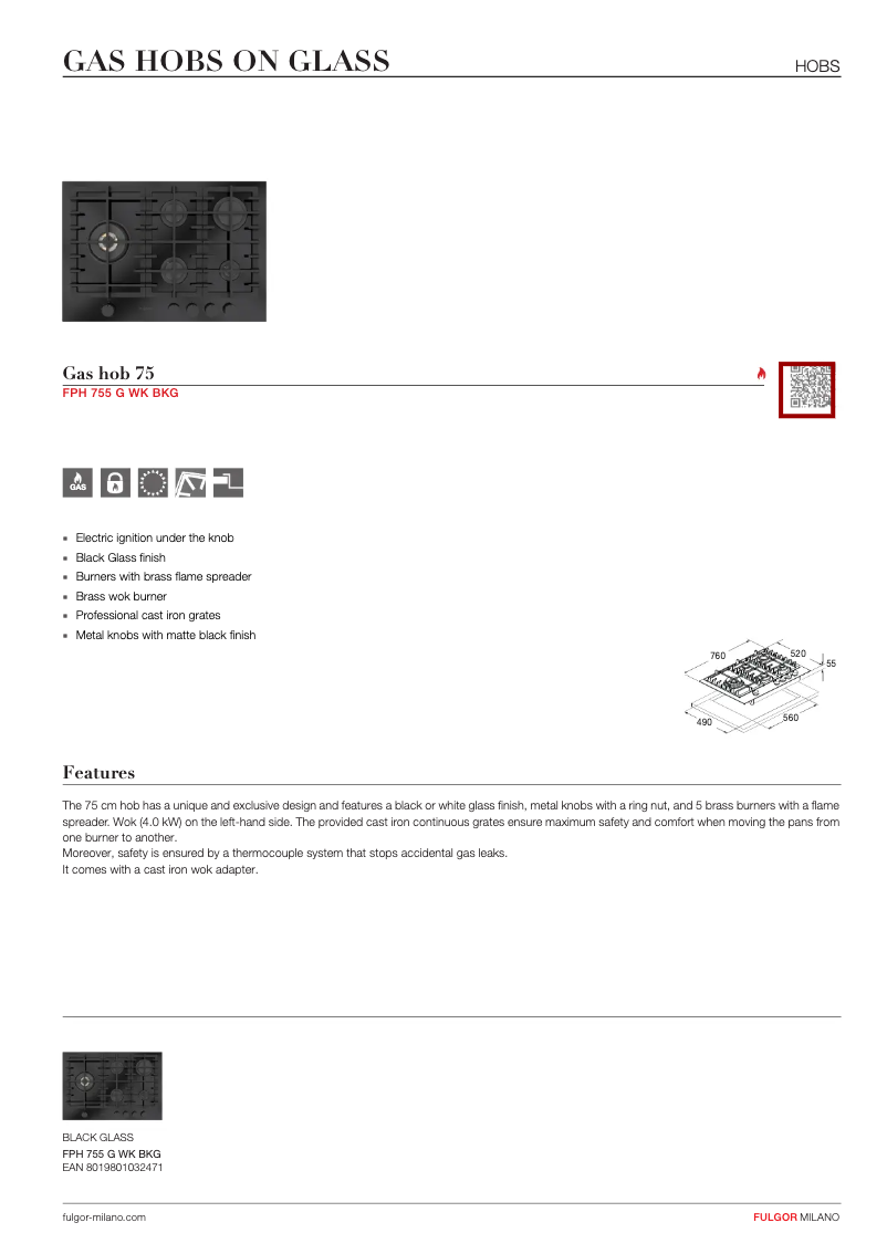 Page 1 de la notice Fiche technique Fulgor Milano FPH 755 G WK BKG