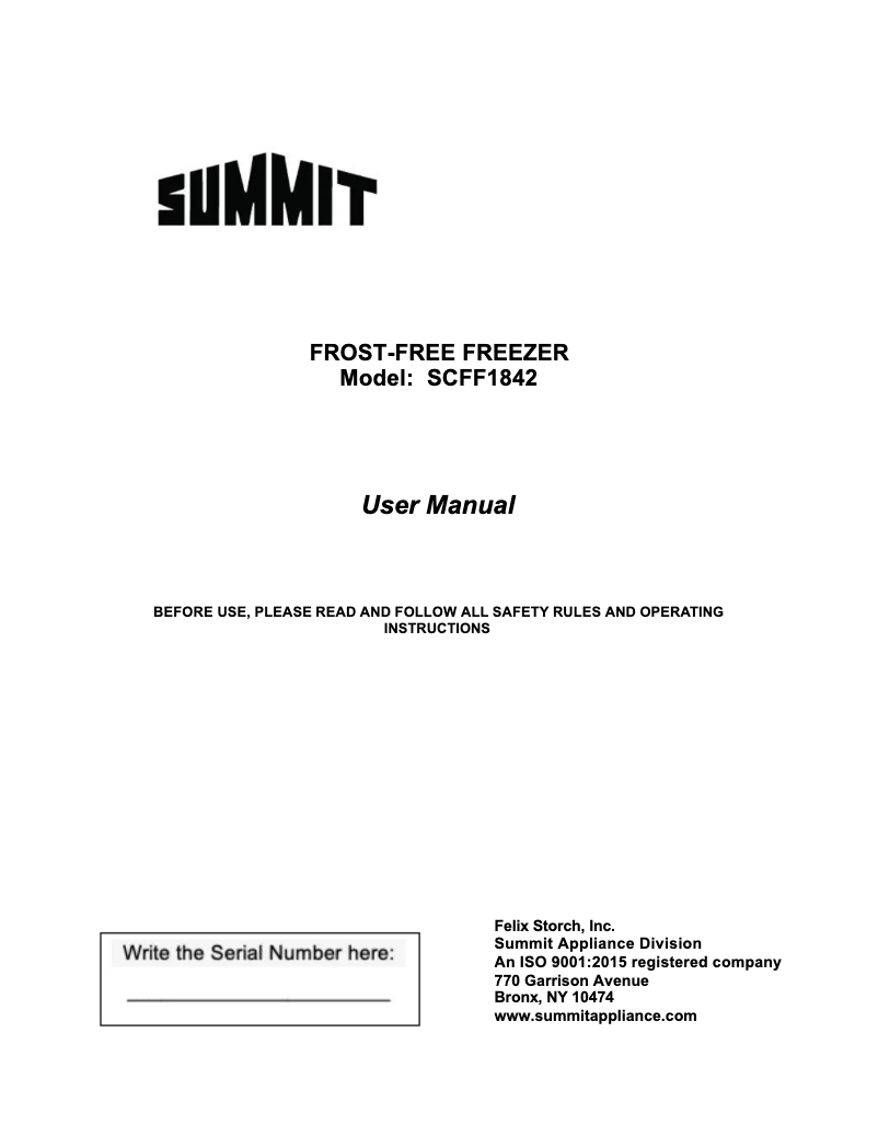 Page 1 de la notice Manuel d'utilisation et d'entretien Summit SCFF1842IF