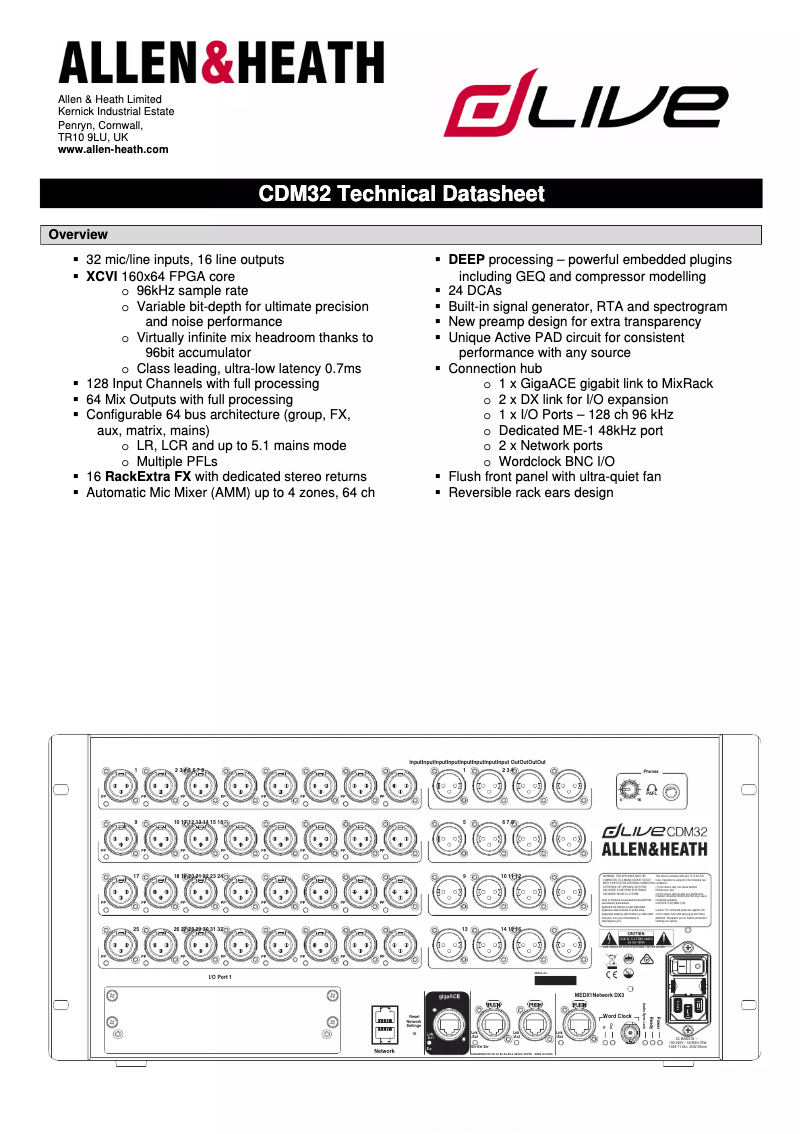 Page 1 de la notice Fiche technique Allen & Heath dLive CDM32