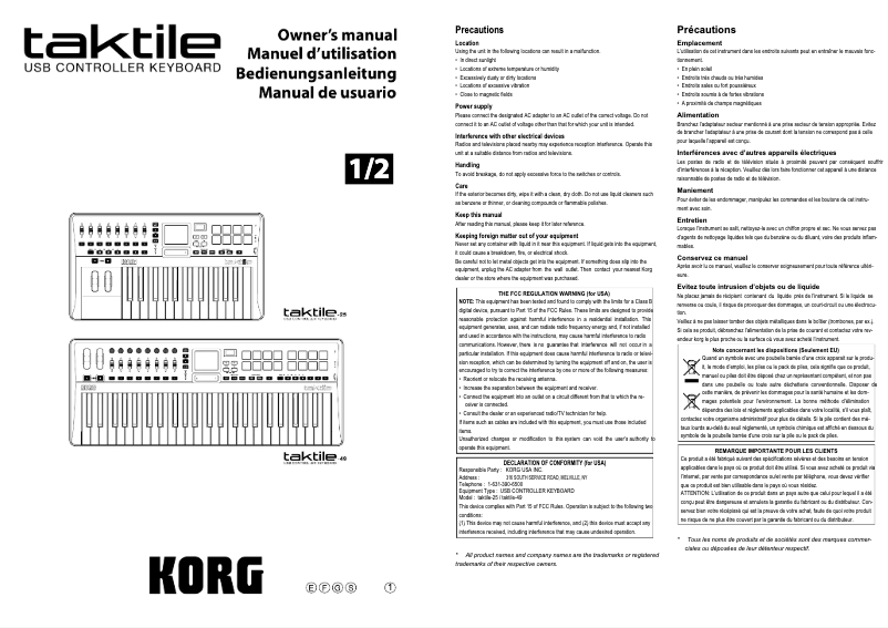Page n°1 - Manuel utilisateur Korg Taktile 25