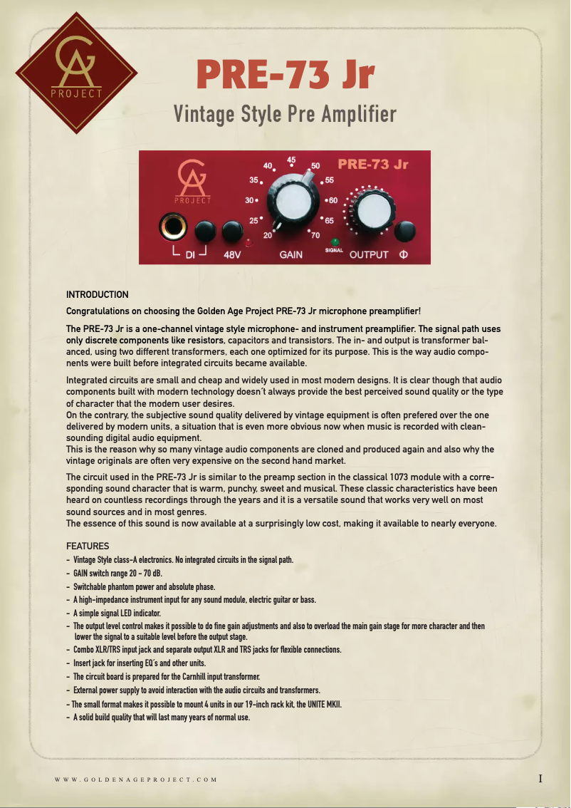Page n°1 - Manuel utilisateur Golden Age Project PRE-73 JR