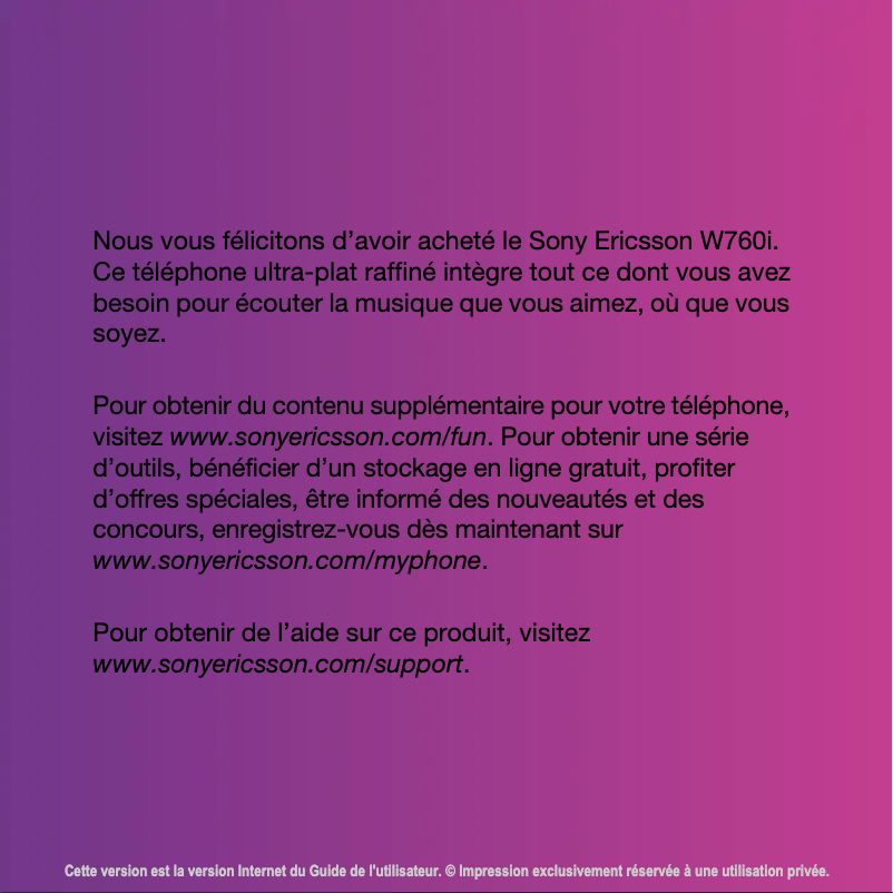 Page 1 de la notice Manuel utilisateur Sony Ericsson W760i