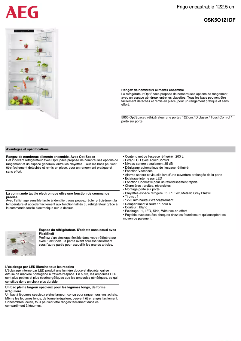 Page 1 de la notice Fiche technique AEG OSK5O121DF