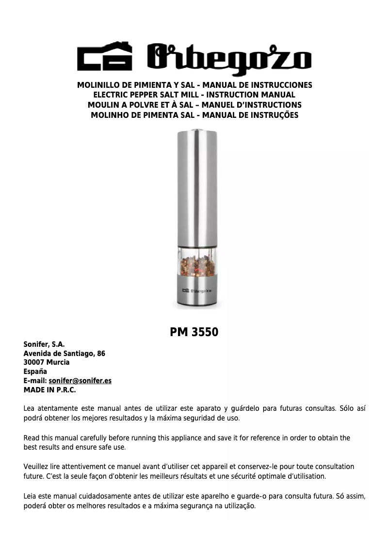 Page n°1 - Manuel utilisateur Orbegozo PM 3550