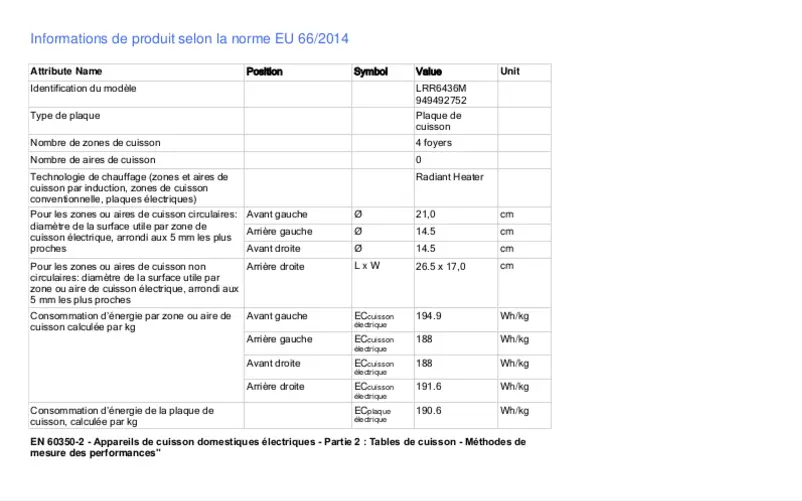Page 1 de la notice Fiche technique Electrolux LRR6436M