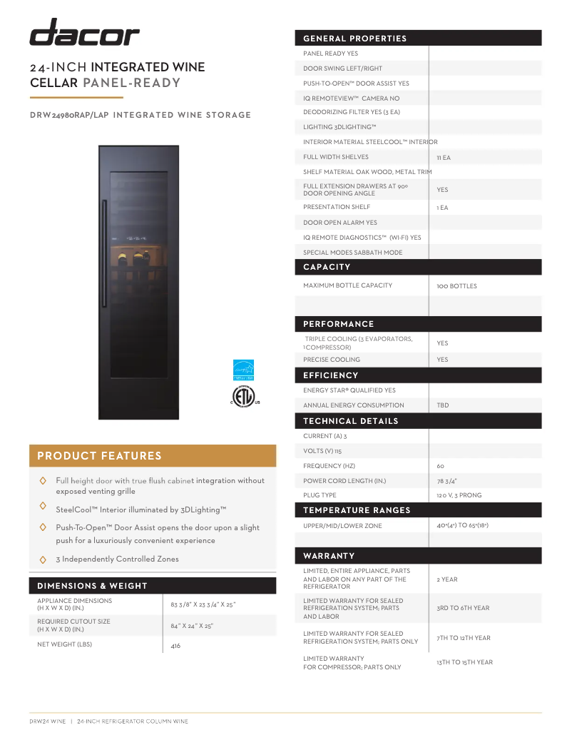 Page 1 de la notice Fiche technique Dacor DRW24980RAP
