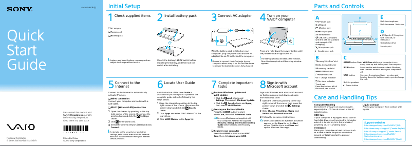 Page n°1 - Guide d'installation Sony Vaio SVE1513HCXS