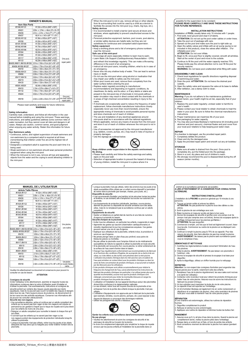 Page 1 de la notice Manuel utilisateur Bestway 54118