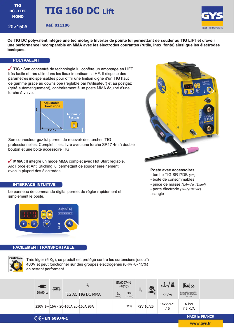 Page 1 de la notice Fiche technique GYS TIG 160 DC LIFT