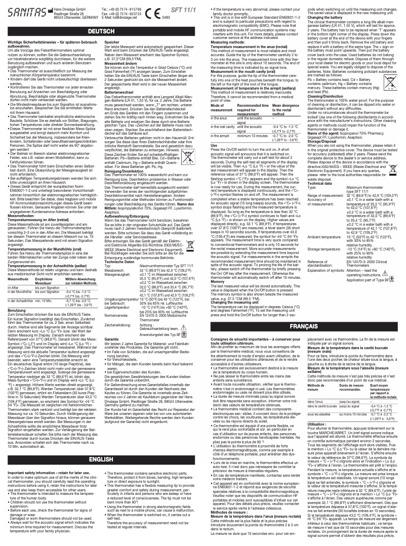 Page n°1 - Manuel utilisateur Sanitas SFT 11