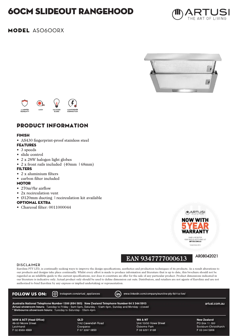 Page 1 de la notice Fiche technique Artusi ASO600RX