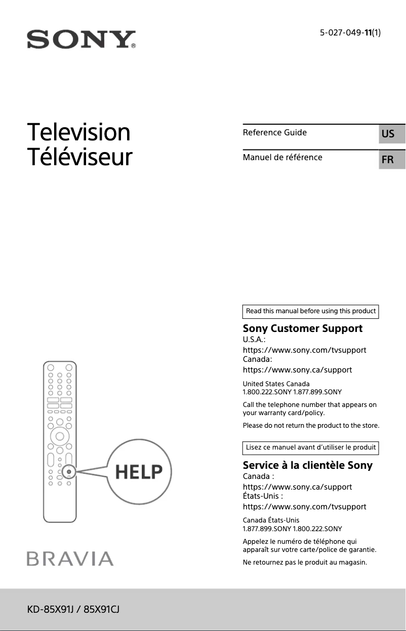 Page 1 de la notice Manuel utilisateur Sony KD-85X91CJ