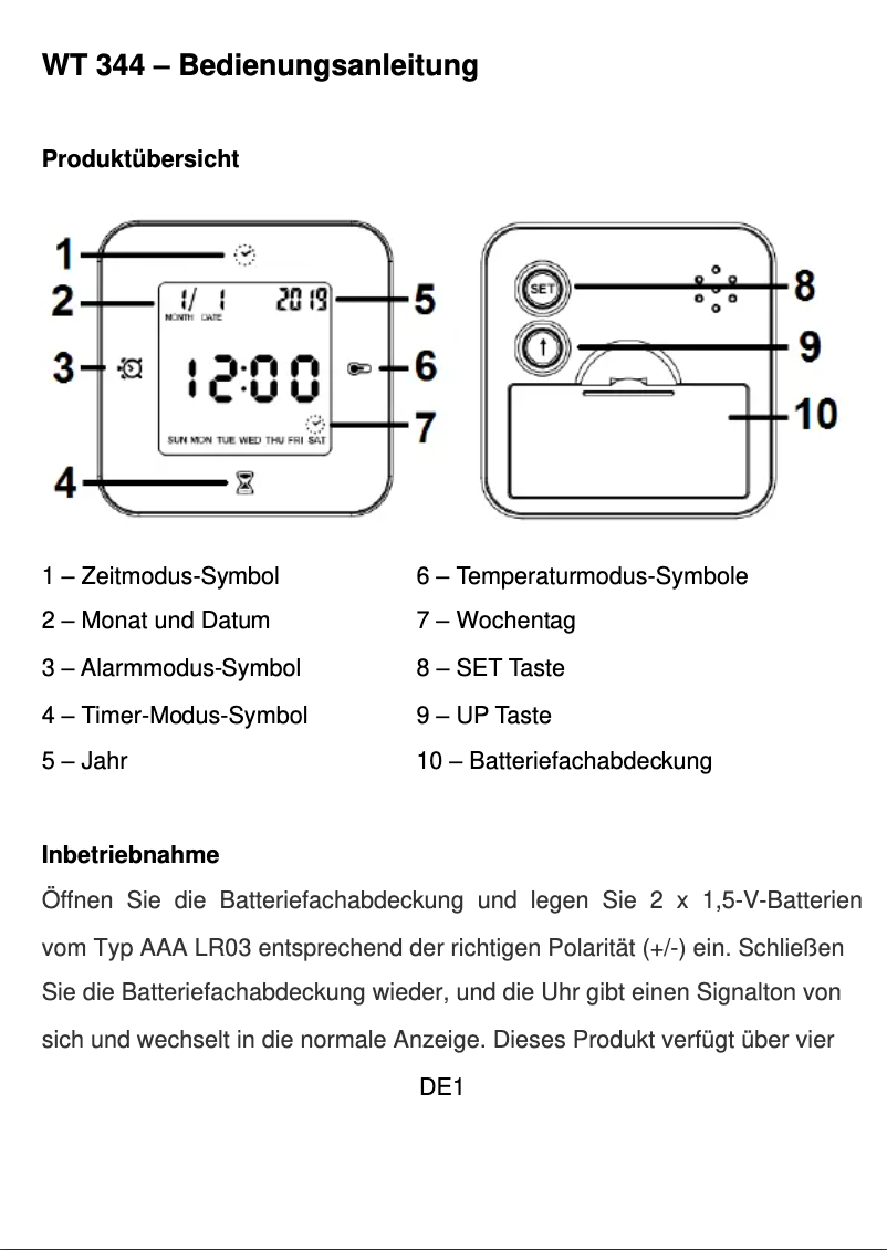 Page n°1 - Manuel utilisateur Techno Line WT 344