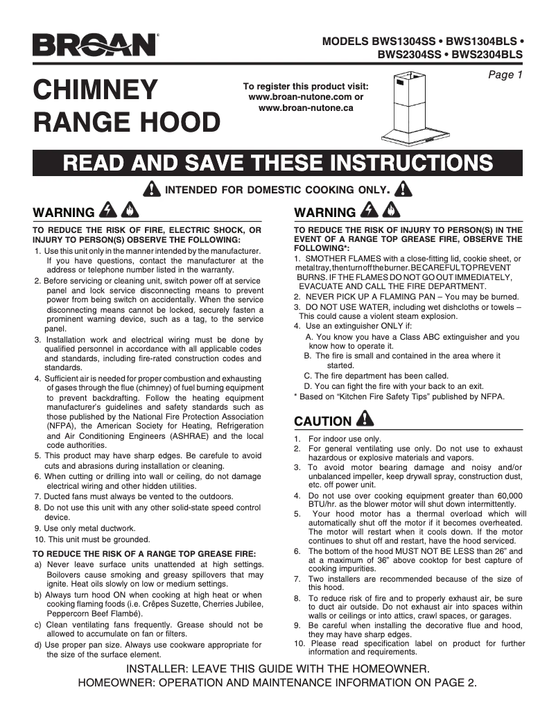 Page n°1 - Guide d'installation Broan BWS2304SS