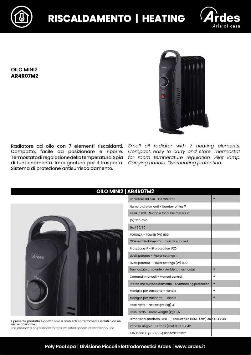 Page 1 de la notice Fiche technique Ardes Oilo MINI2 AR4R07M2