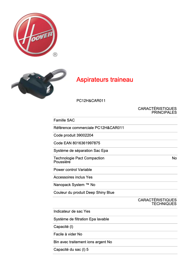 Page 1 de la notice Fiche technique Hoover Power Capsule PC12H&CAR011