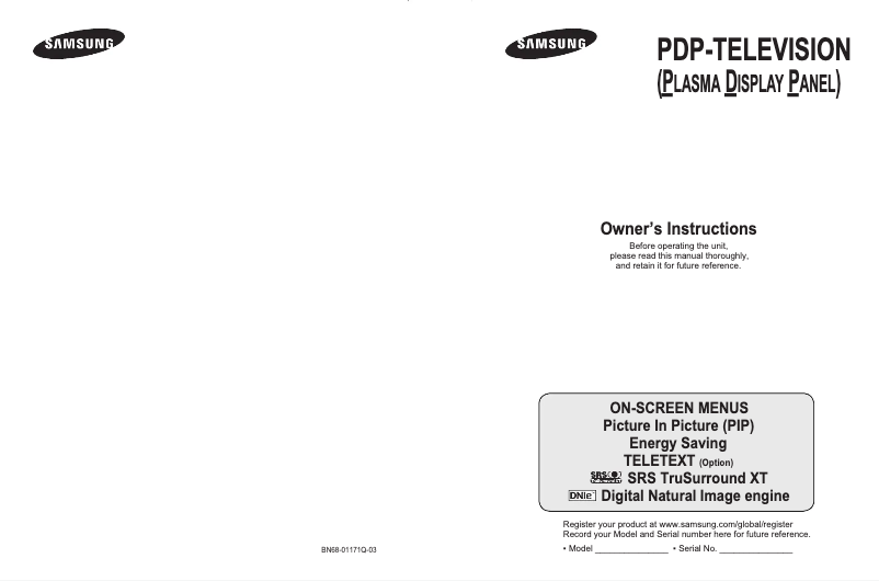 Page n°1 - Manuel utilisateur Samsung PS-50Q92H