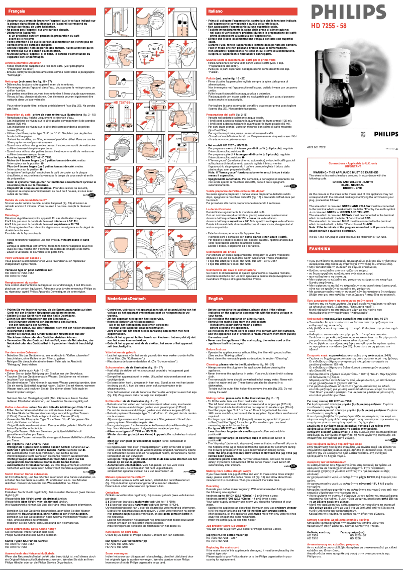 Page 1 de la notice Manuel utilisateur Philips Cafe Roma HD7257