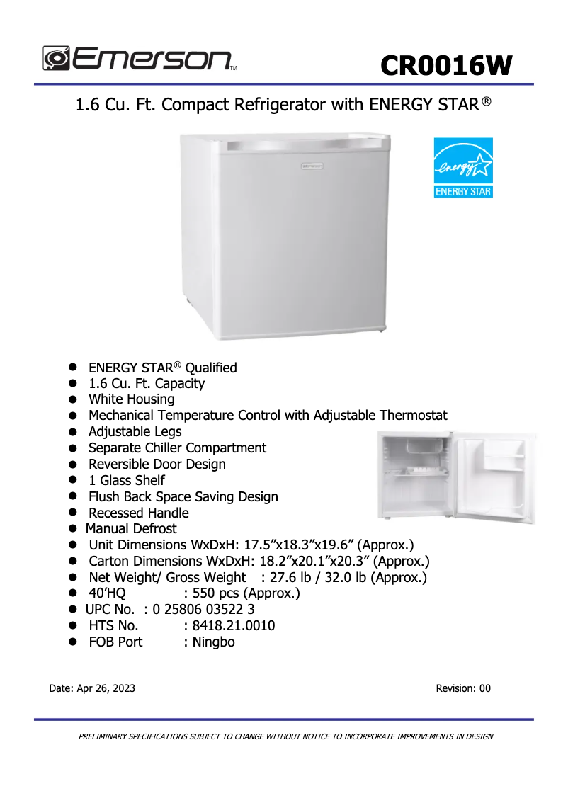 Page n°1 - Fiche technique Emerson CR0016W