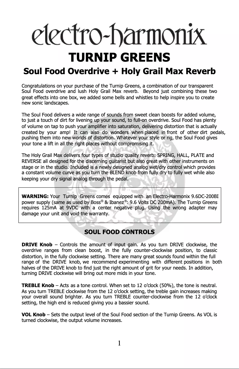 Page 1 de la notice Manuel utilisateur Electro Harmonix Turnip Greens