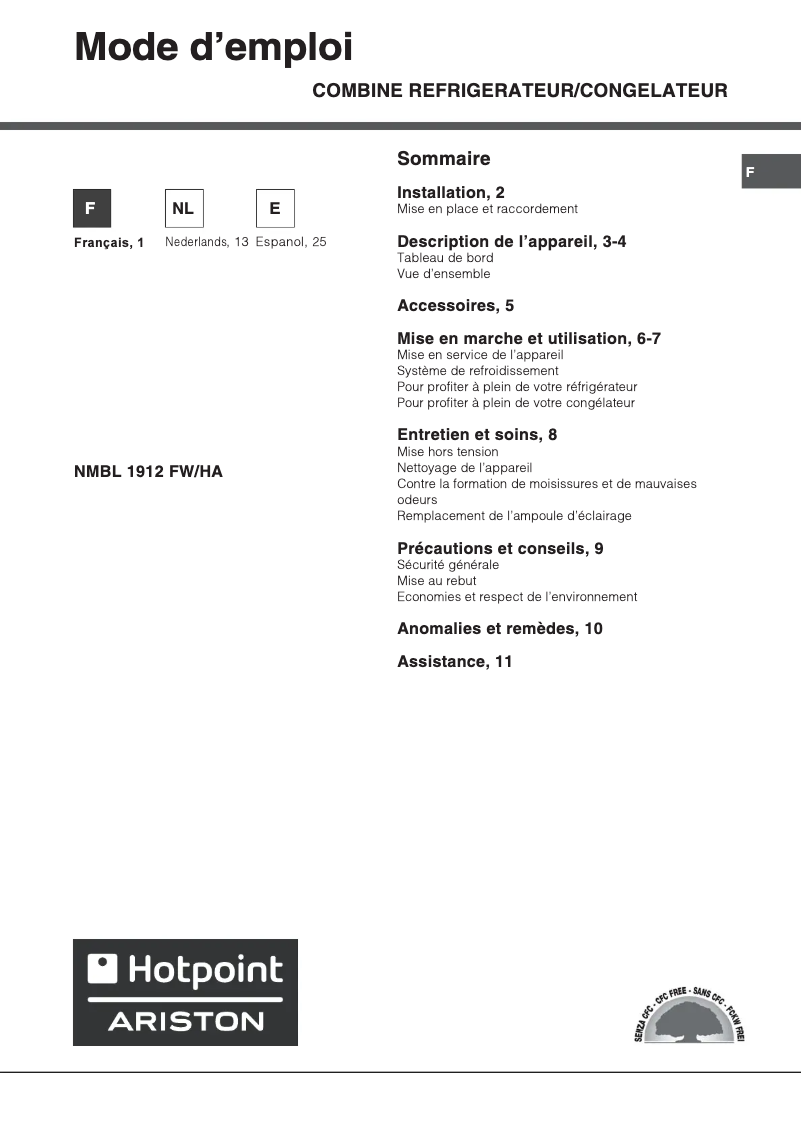Page 1 de la notice Manuel utilisateur Hotpoint NMBL 1912 FW/HA