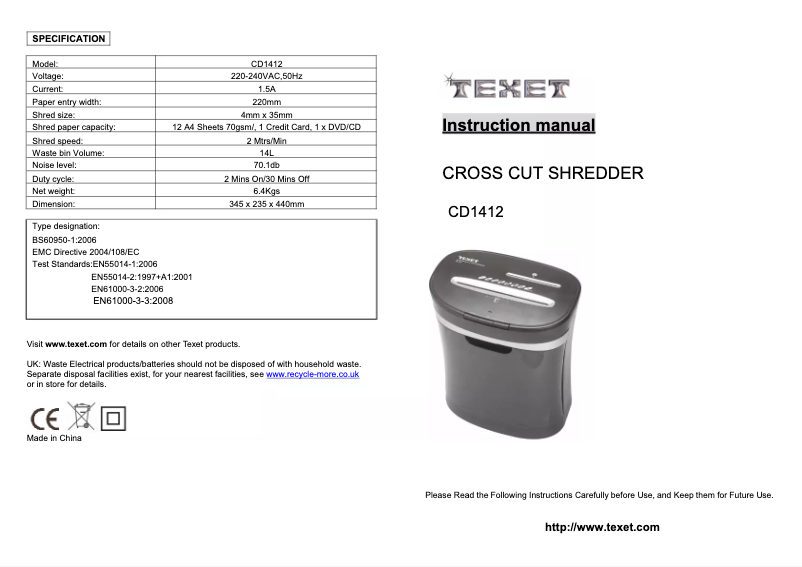 Page 1 de la notice Manuel utilisateur Texet CD1412
