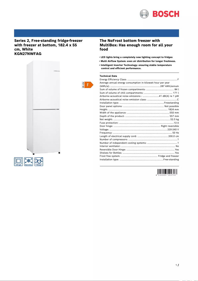 Page n°1 - Fiche technique Bosch KGN27NWFAG