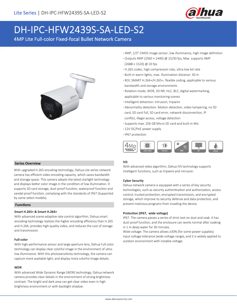 Page 1 de la notice Fiche technique Dahua Technology IPC-HFW2439S-SA-LED-S2