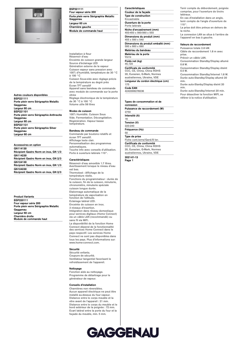 Page 1 de la notice Fiche technique Gaggenau BSP221111