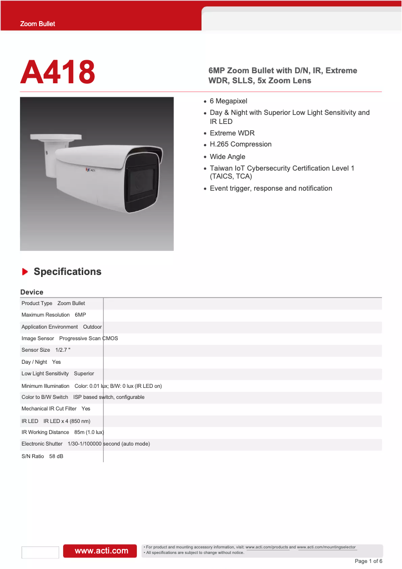 Page 1 de la notice Fiche technique ACTi A418