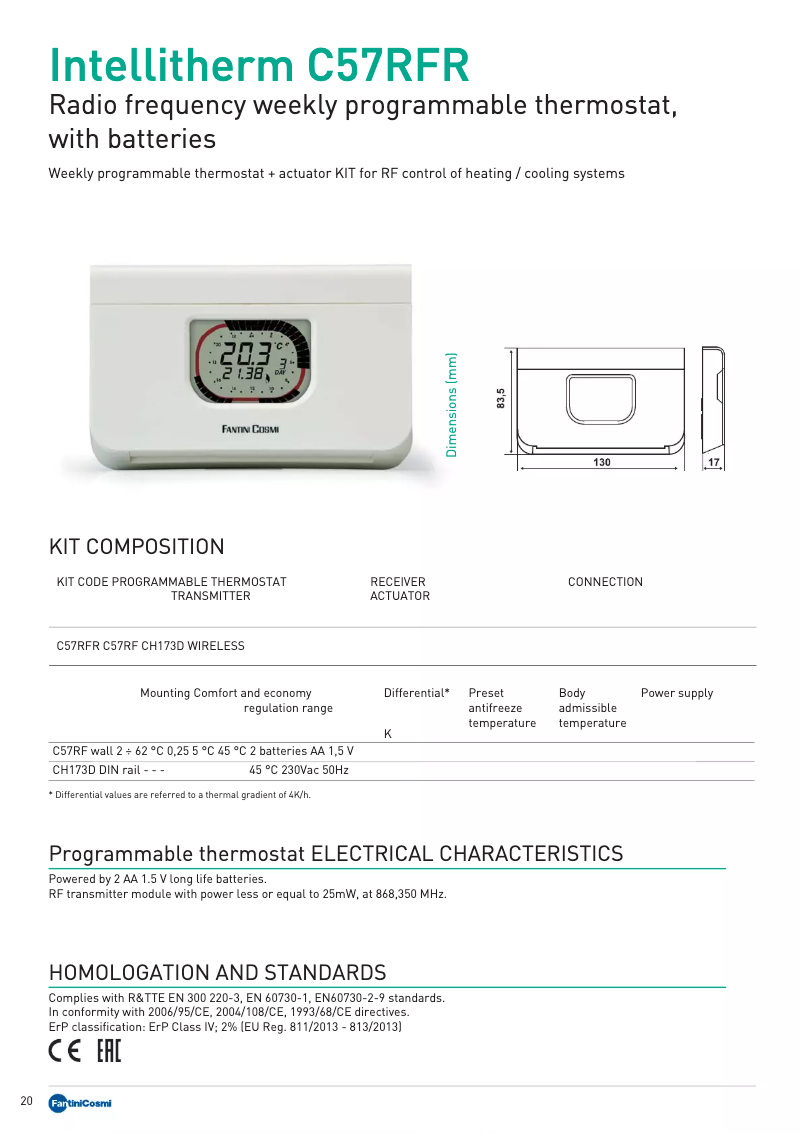 Page 1 de la notice Fiche technique Fantini Cosmi Intellitherm C57RFR