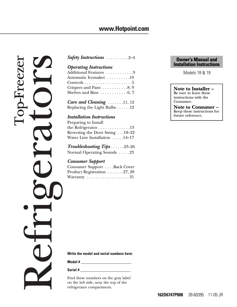 Page n°1 - Manuel d'utilisation et d'entretien Hotpoint HTS18ICPWW