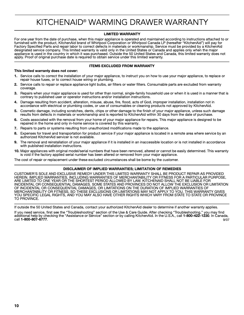 Page 1 de la notice Informations de garantie KitchenAid KOWT107ESS