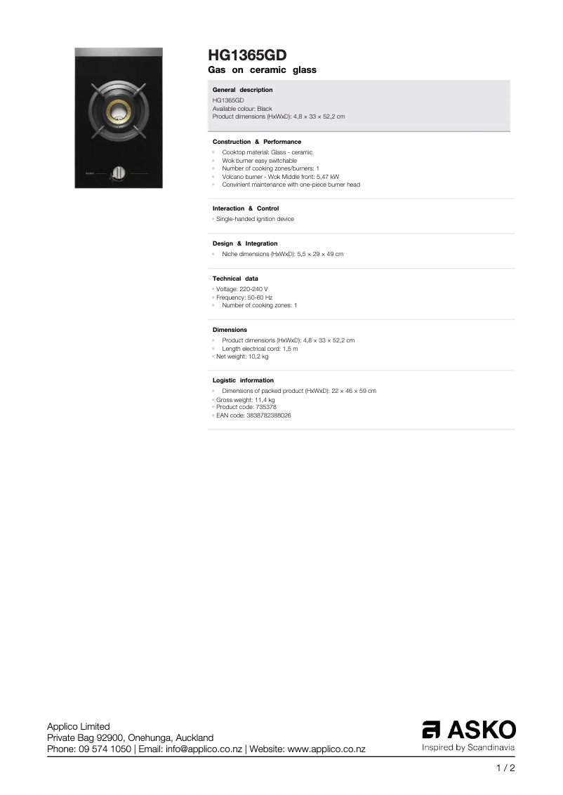 Page 1 de la notice Fiche technique Asko HG1365GD