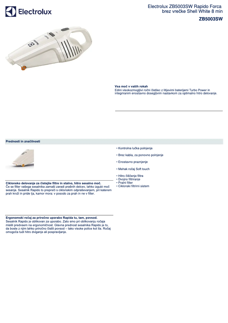 Page n°1 - Fiche technique Electrolux Rapido ZB5003SW