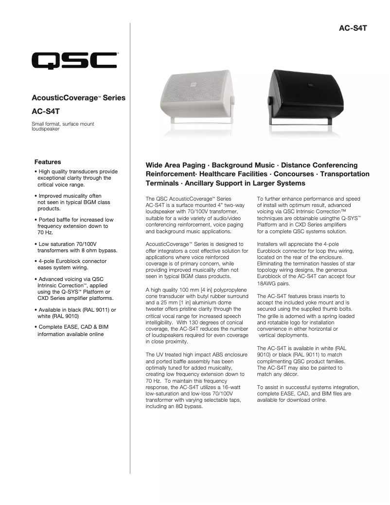 Page 1 de la notice Fiche technique QSC AcousticCoverage AC-S4T