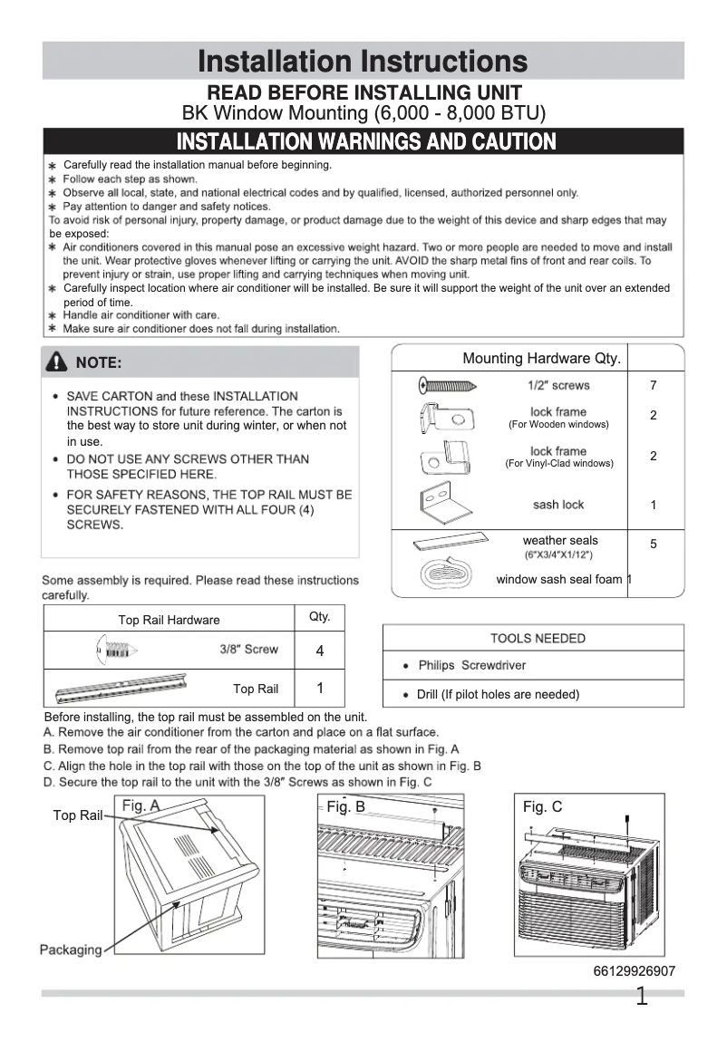 Page 1 de la notice Guide d'installation Frigidaire FFRA0822U1