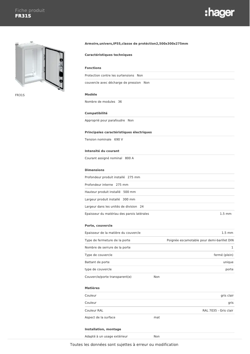 Page n°1 - Fiche technique Hager FR31S