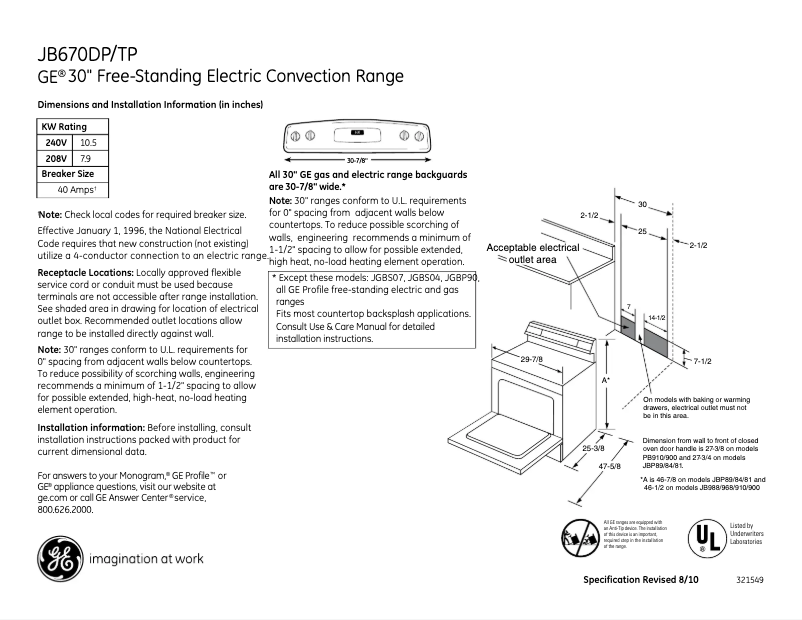Page 1 of the manual Technical Sheet GE JB670DPWW