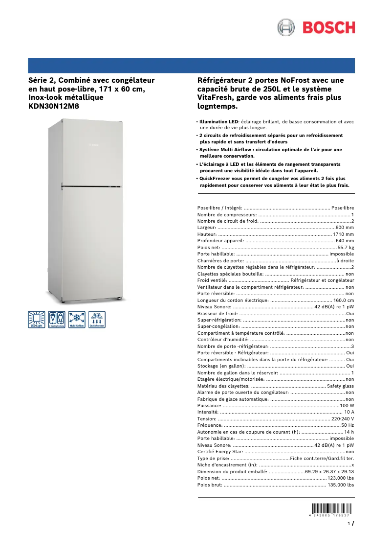 Page n°1 - Fiche technique Bosch KDN30N12M8