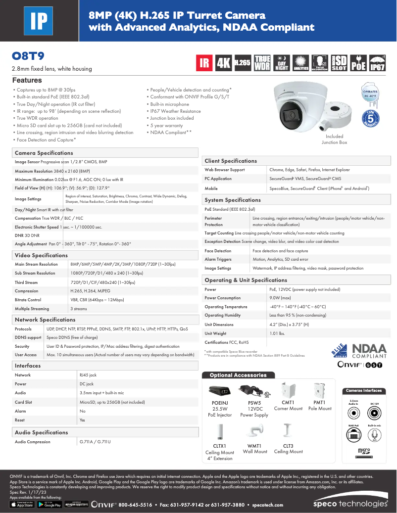 Page 1 de la notice Fiche technique Speco Technologies O8T9